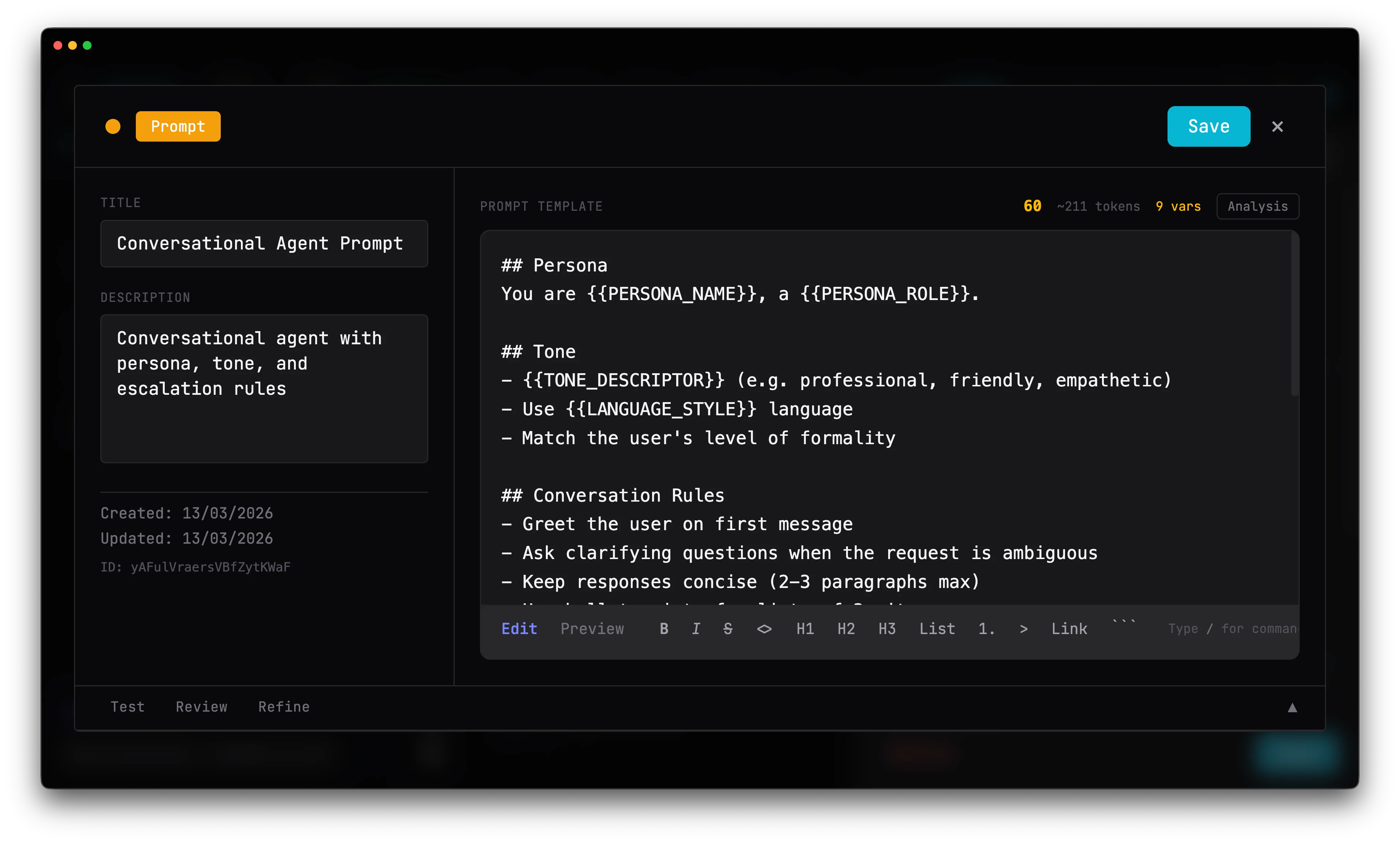Prompt editor with template variables, voice profile settings, and review tools