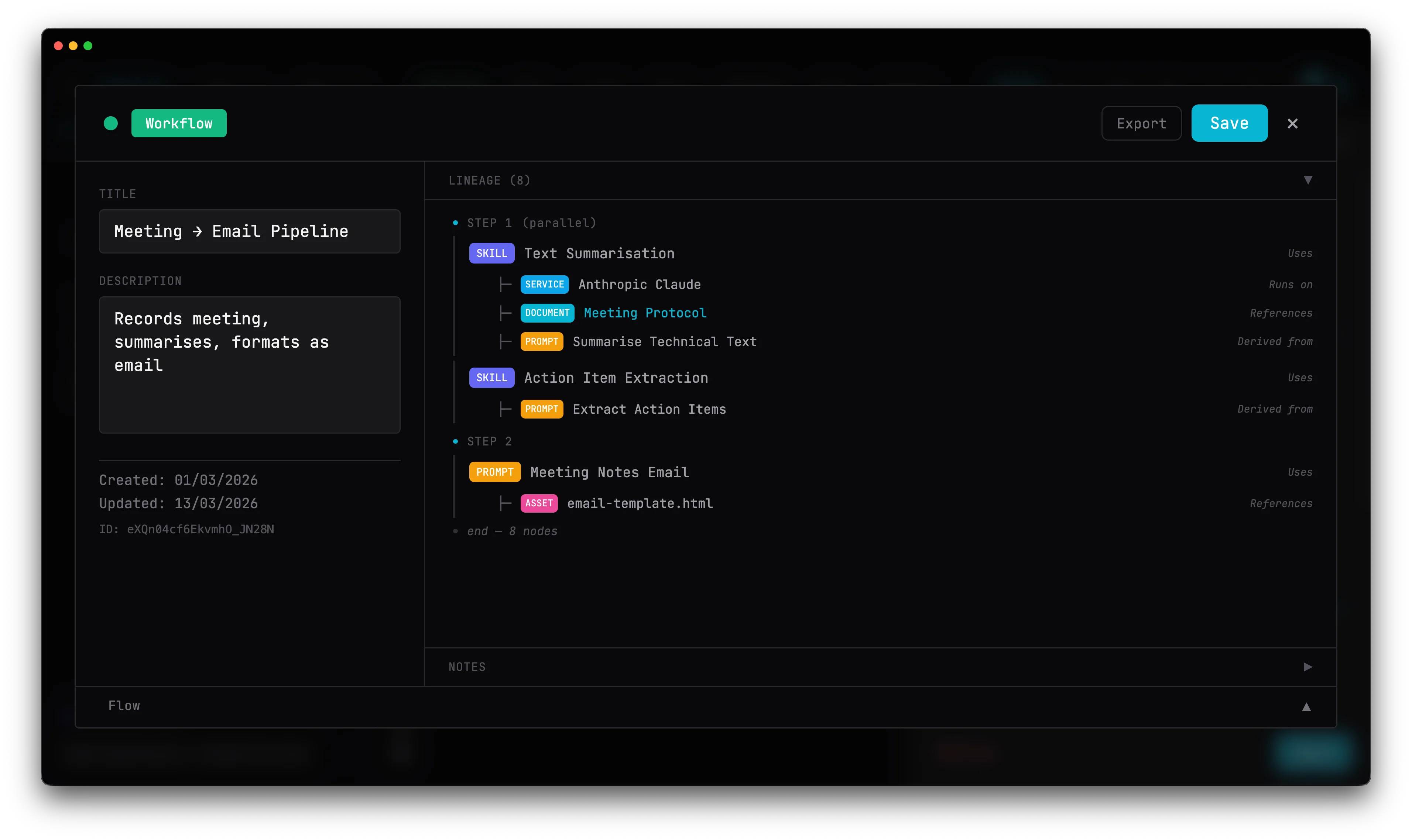 Workflow lineage showing parallel review steps and specialist handoffs
